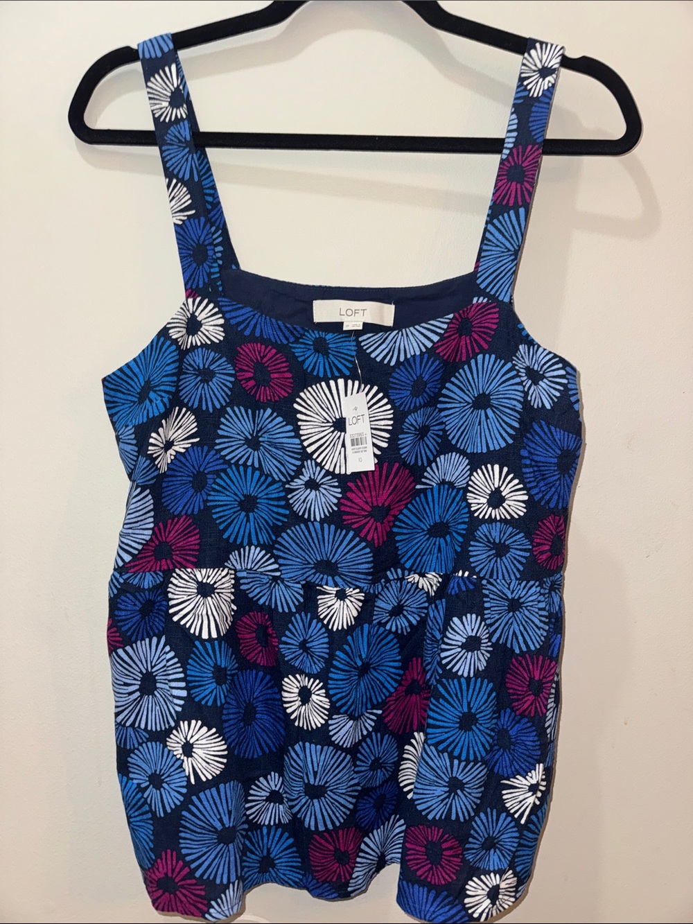 LOFT Navy Floral Print Tank with Blue and Magenta Accents
